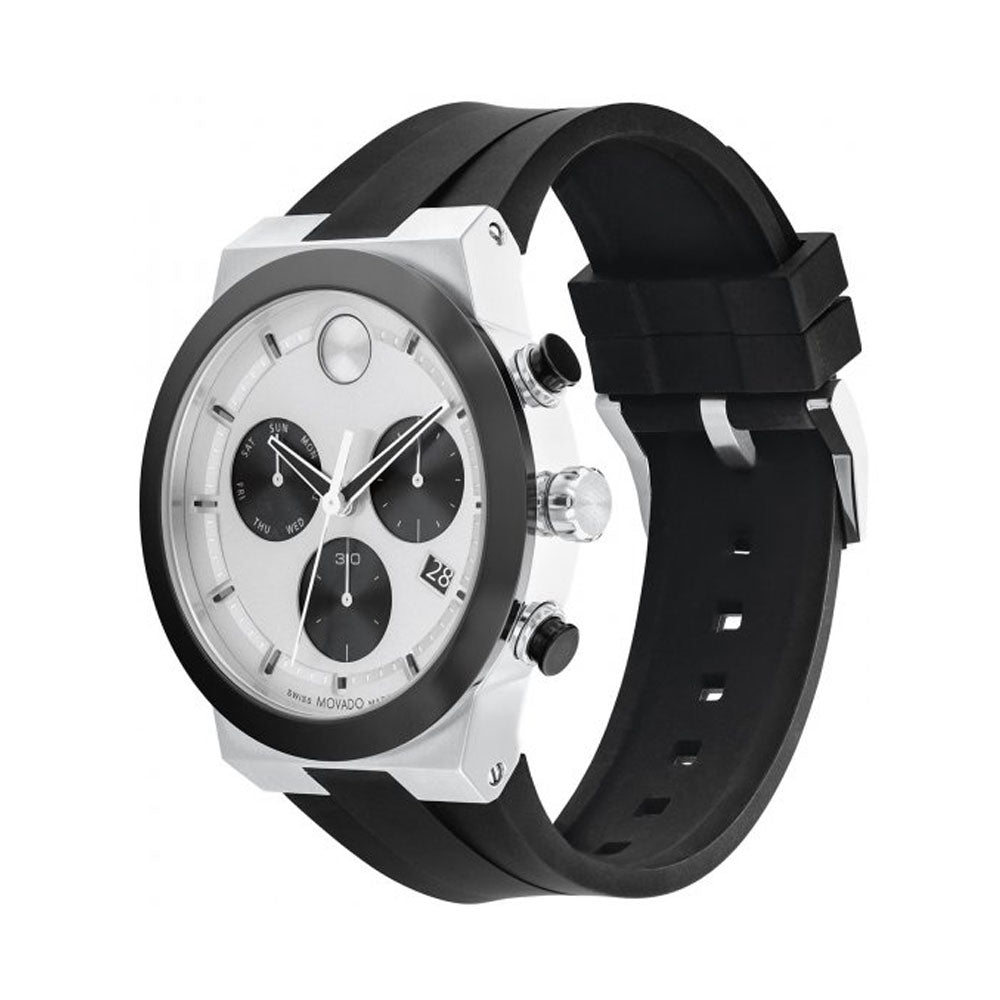 Movado BOLD Fusion Silver-Tone Metallic Dial Black Silicone Strap Watch, 44mm - 3600894