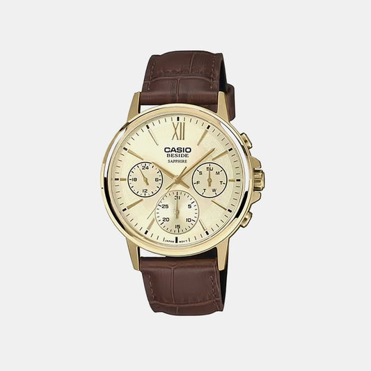 Men Quartz Gold Dial Analog Leather Watch A2543