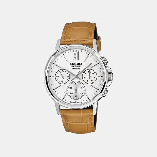 Men Quartz Cream Dial Analog Leather Watch A2545