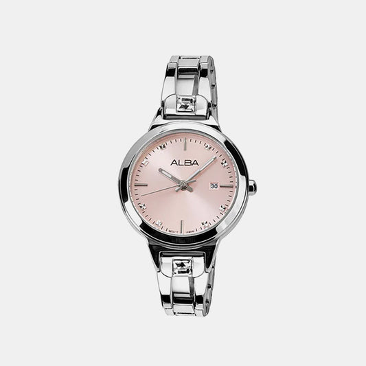 Women Quartz Pink Dial Analog Stainless Steel Watch AH7EJ3X1