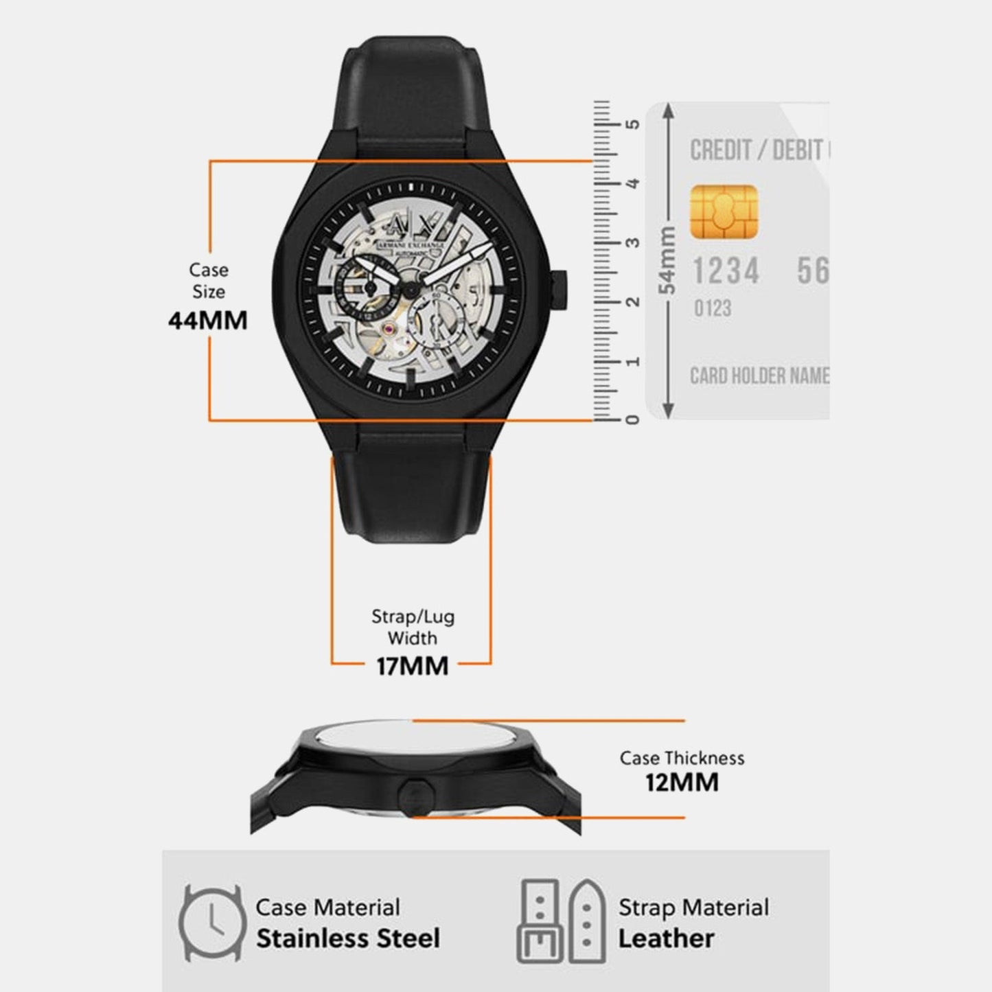 Men Automatic Silver Dial Multi-Function Leather Watch AX4297