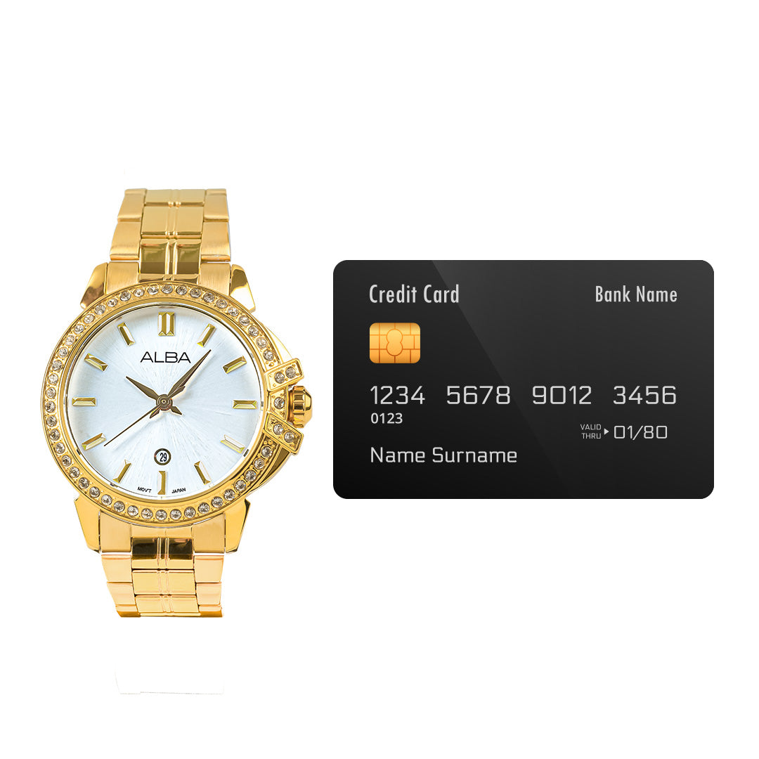 AH7CX0X1 Yellow Gold Ladies Watch with Mother of Pearl Dial and Crystals