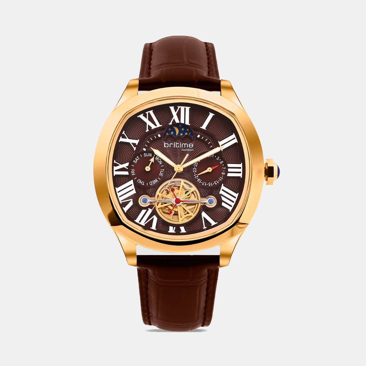 Men Automatic Brown Dial Multi-Function Leather Watch 1641-L30608