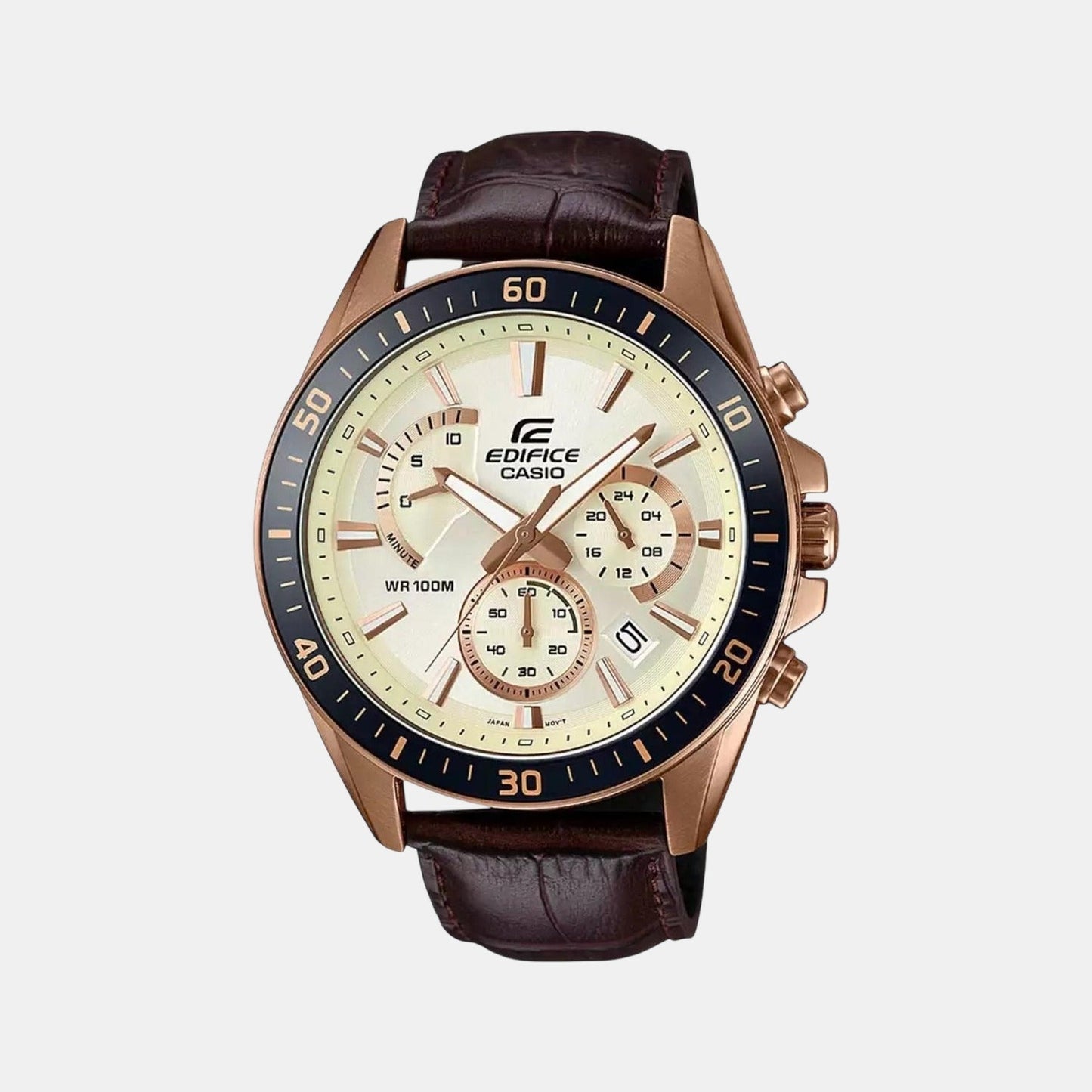 Edifice Men Quartz Beige Dial Chronograph Leather Watch EX359