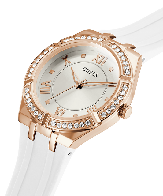 GUESS Ladies White Rose Gold Tone Analog Watch