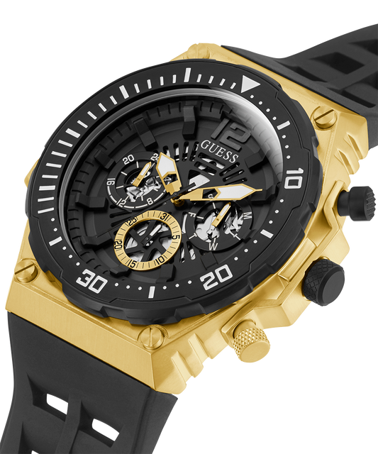 GUESS Mens Black Gold Tone Multi-function Watch