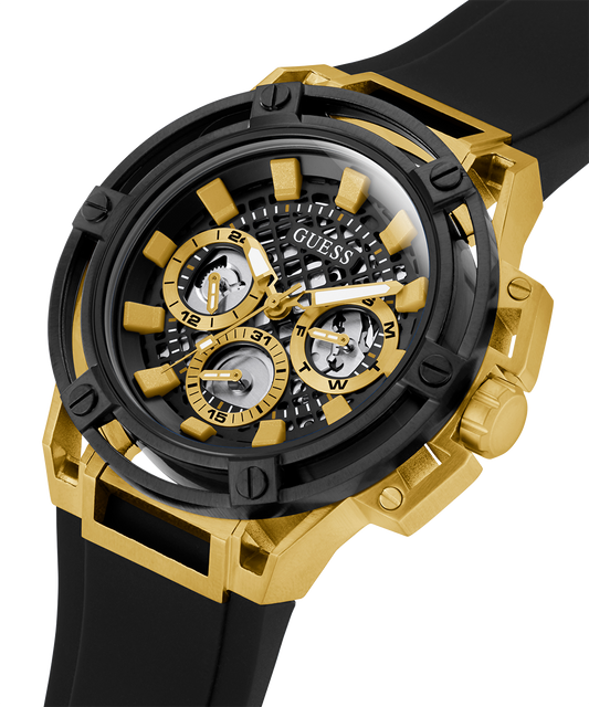 GUESS Mens Black Gold Tone Multi-function Watch