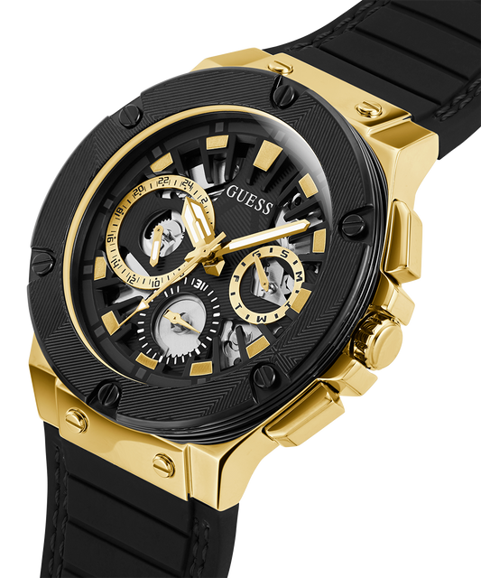 GUESS Mens Black Gold Tone Multi-function Watch