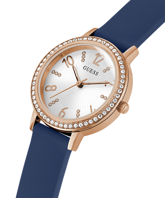GUESS Ladies Blue Rose Gold Tone Analog Watch