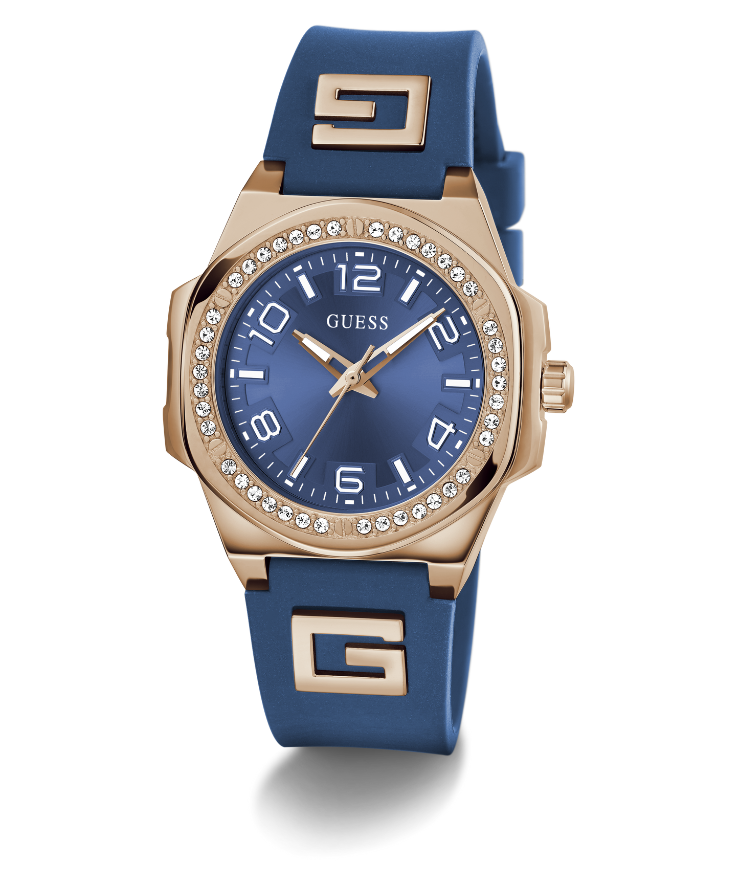 GUESS Ladies Blue Rose Gold Tone Analog Watch