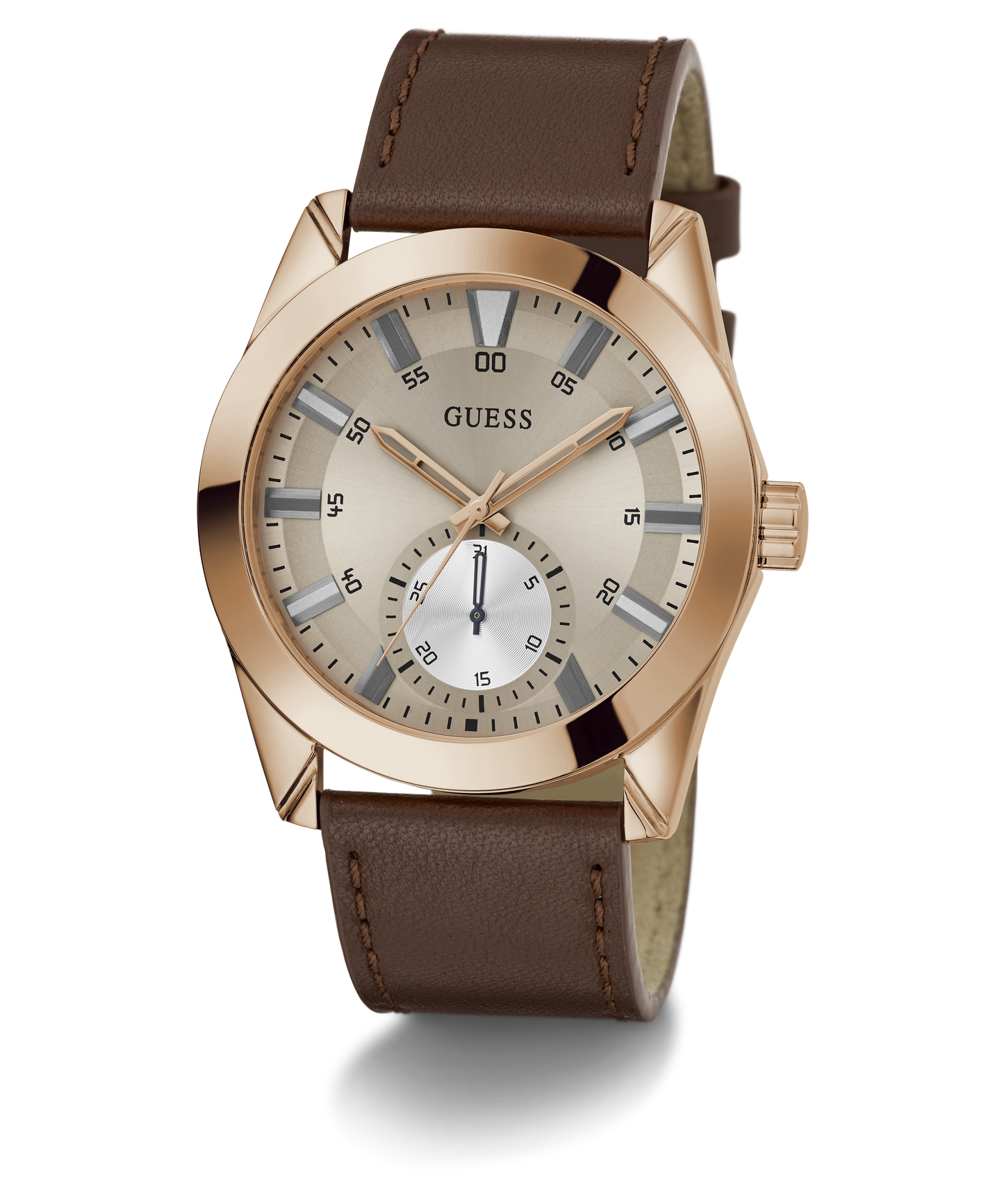 GUESS Mens Brown Rose Gold Tone Multi-function Watch