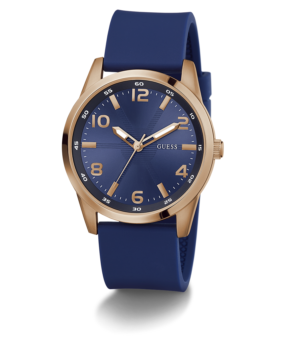 GUESS Mens Blue Rose Gold Tone Analog Watch