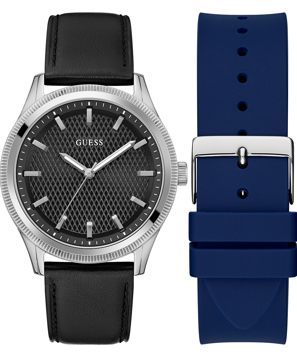GUESS Mens Black Silver Tone Analog Watch Box Set
