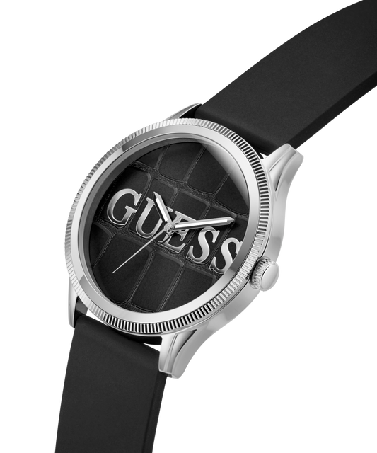 GUESS Mens Black Silver Tone Analog Watch