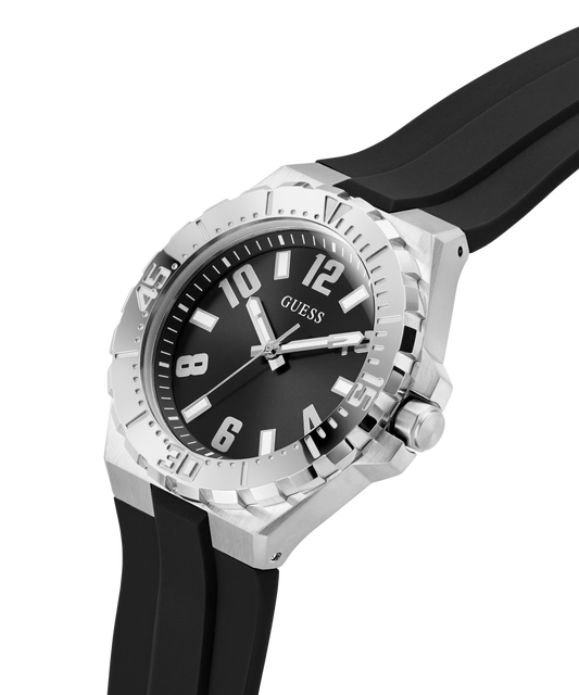 GUESS Mens Black Silver Tone Analog Watch