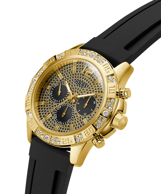 GUESS Mens Black Gold Tone Multi-function Watch