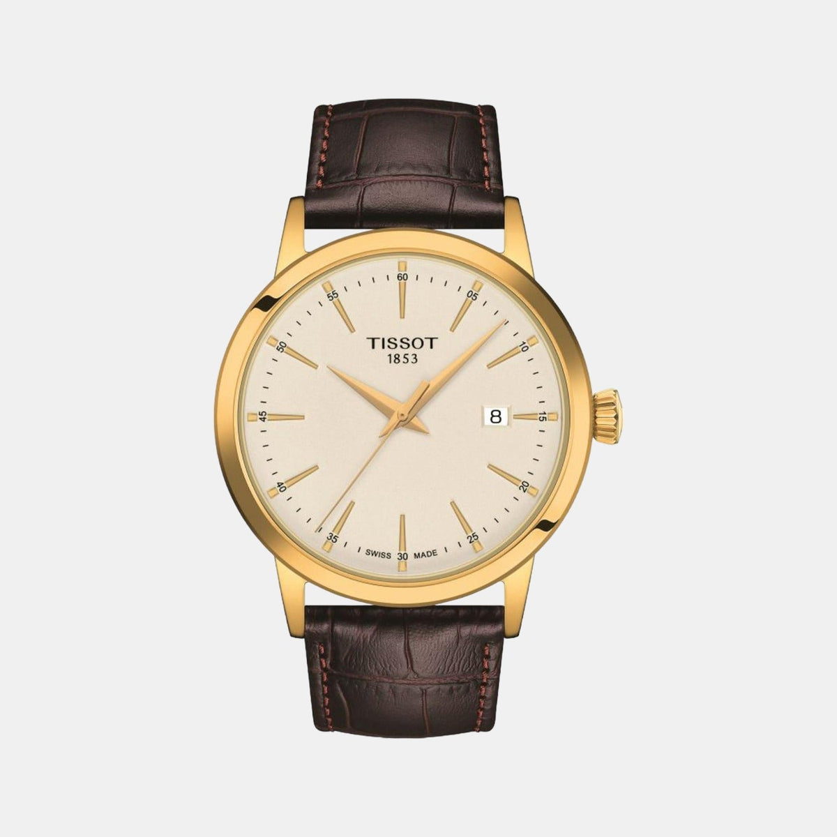 Classic Men Quartz Beige Dial Analog Leather Watch T1294103626100