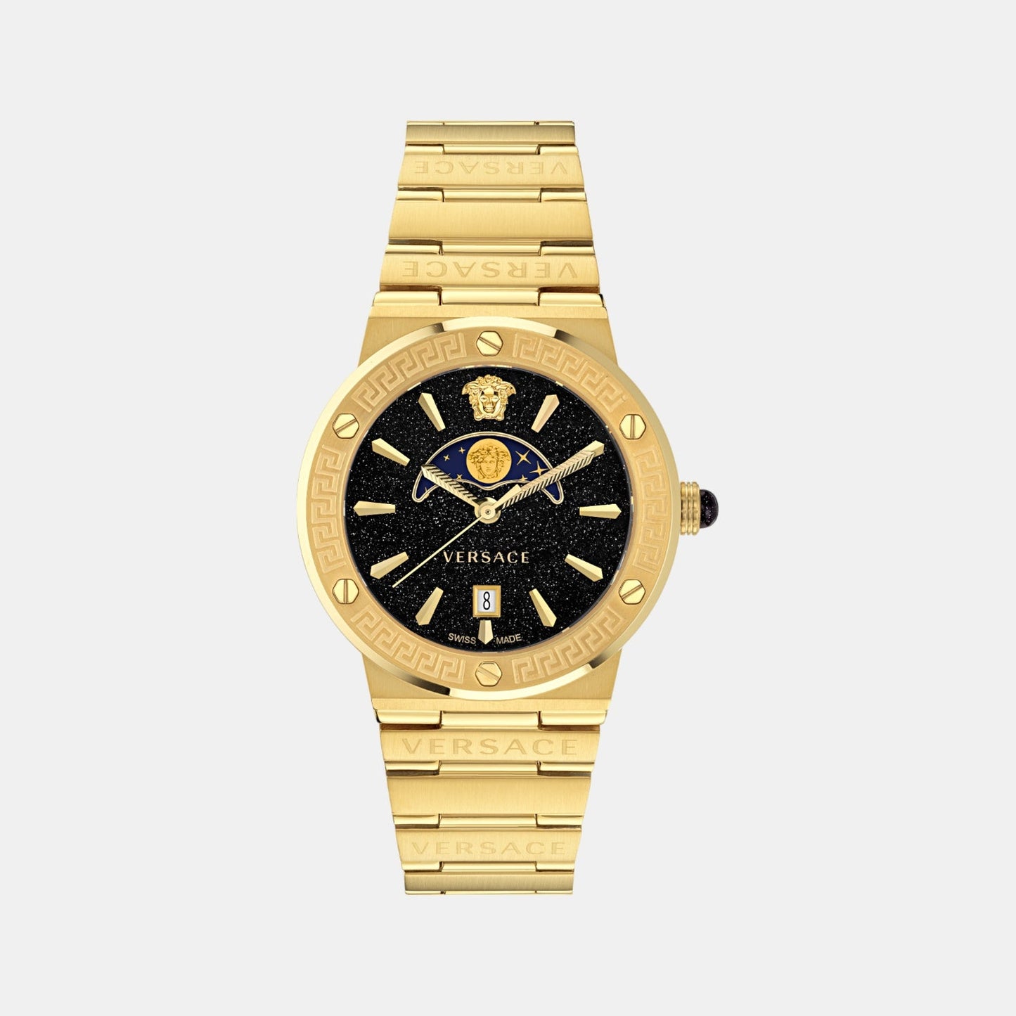 Greca Logo Moonphase Unisex Quartz Black Dial Analog Stainless Steel Watch VE7G00323