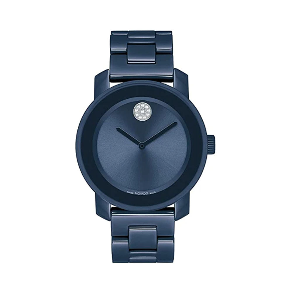 Movado Bold 3600805 Women's Ceramic Blue Case And Bracelet With Blue Sunray Dial, Crystal Pave Dot, Blue