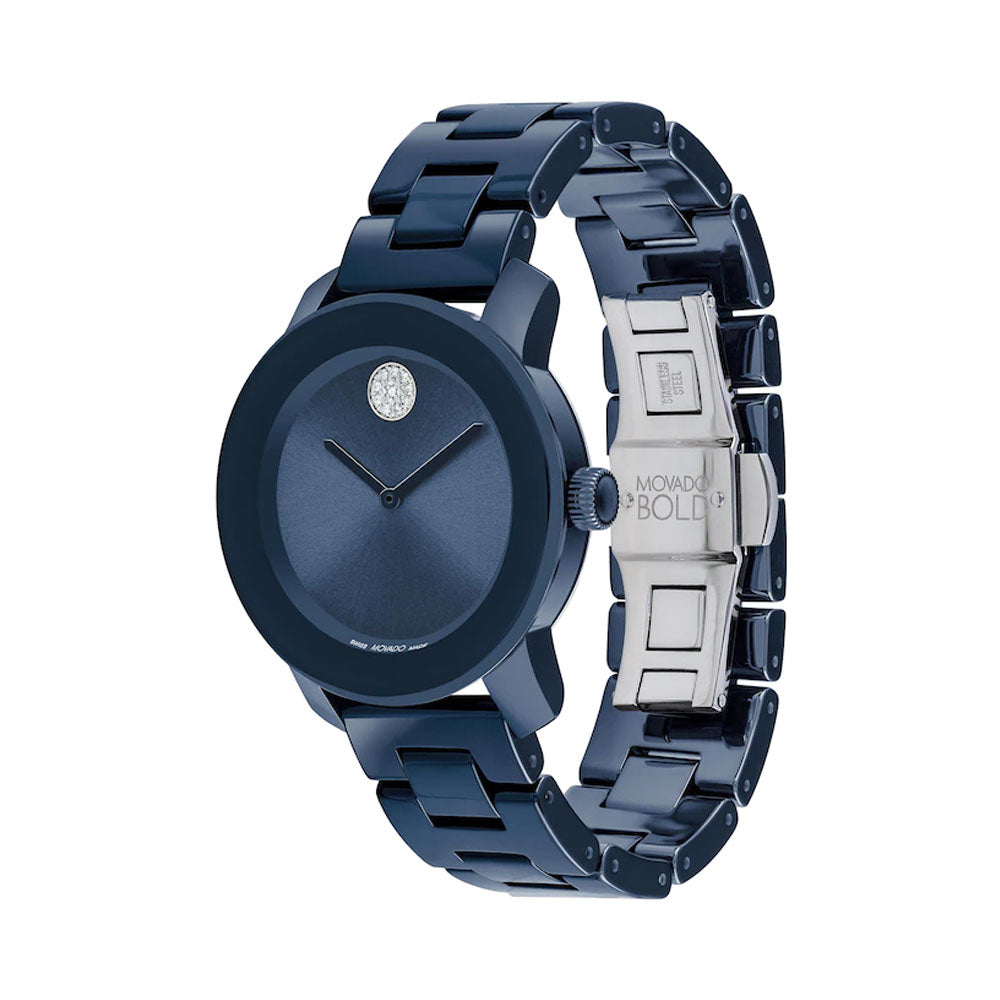 Movado Bold 3600805 Women's Ceramic Blue Case And Bracelet With Blue Sunray Dial, Crystal Pave Dot, Blue