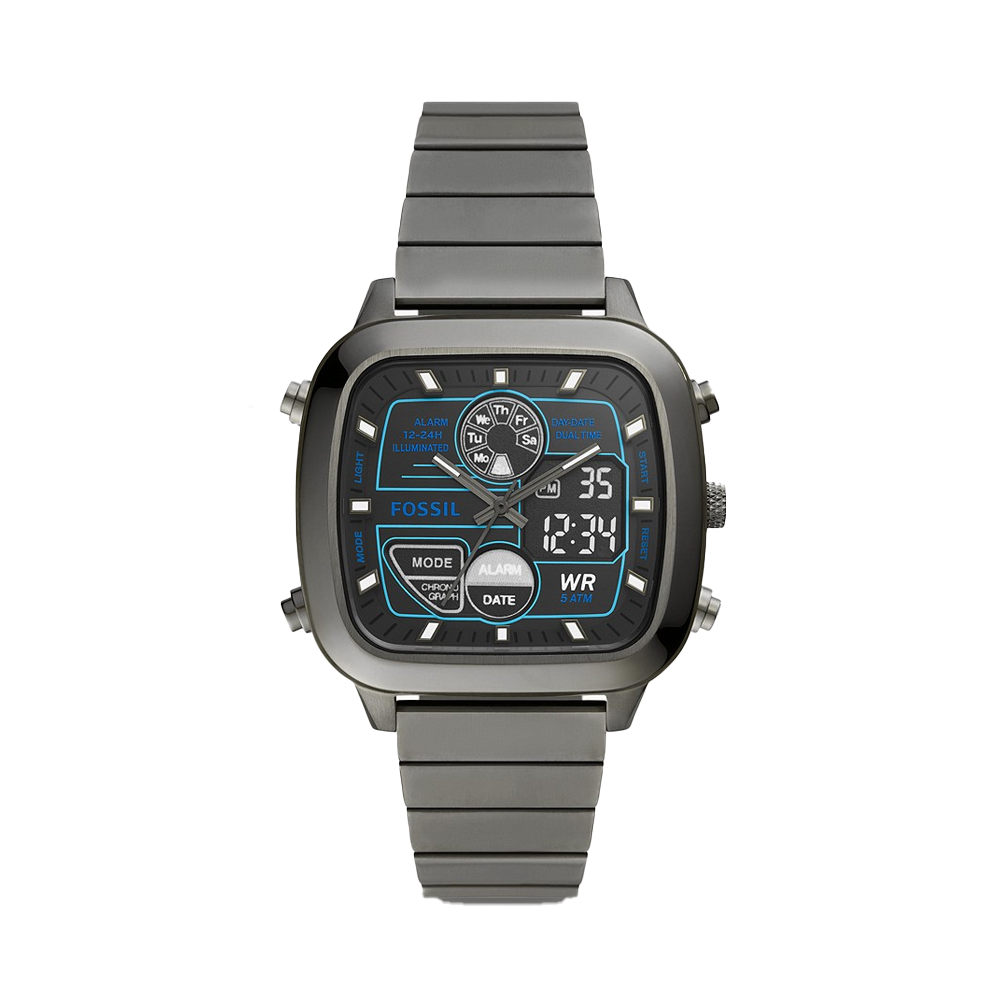 Fossil Mens Retro Black Dial Stainless Steel Analogue-Digital Watch - FS5892
