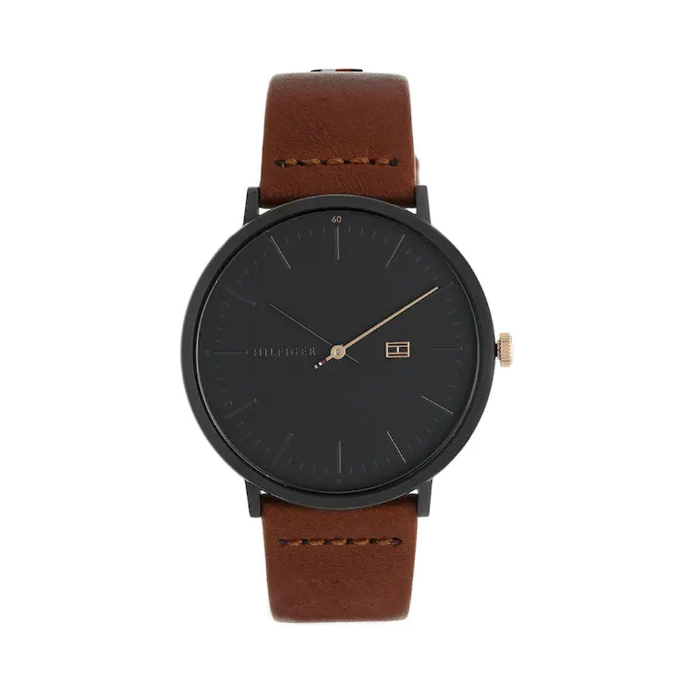 TOMMY HILFIGER Black Dial Brown Leather Strap Watch NDTH1791461