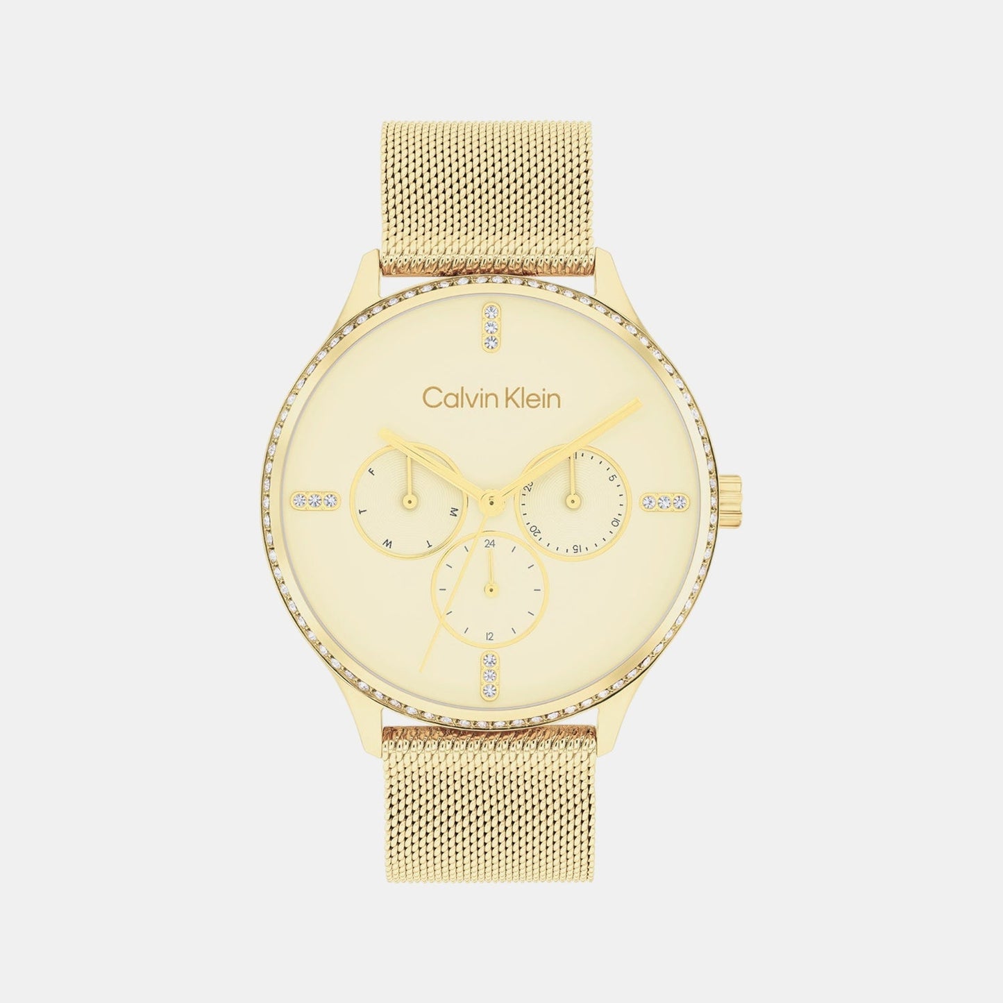 Ck Dress Women Quartz Gold Dial Multi-Function Mesh Watch 25200372