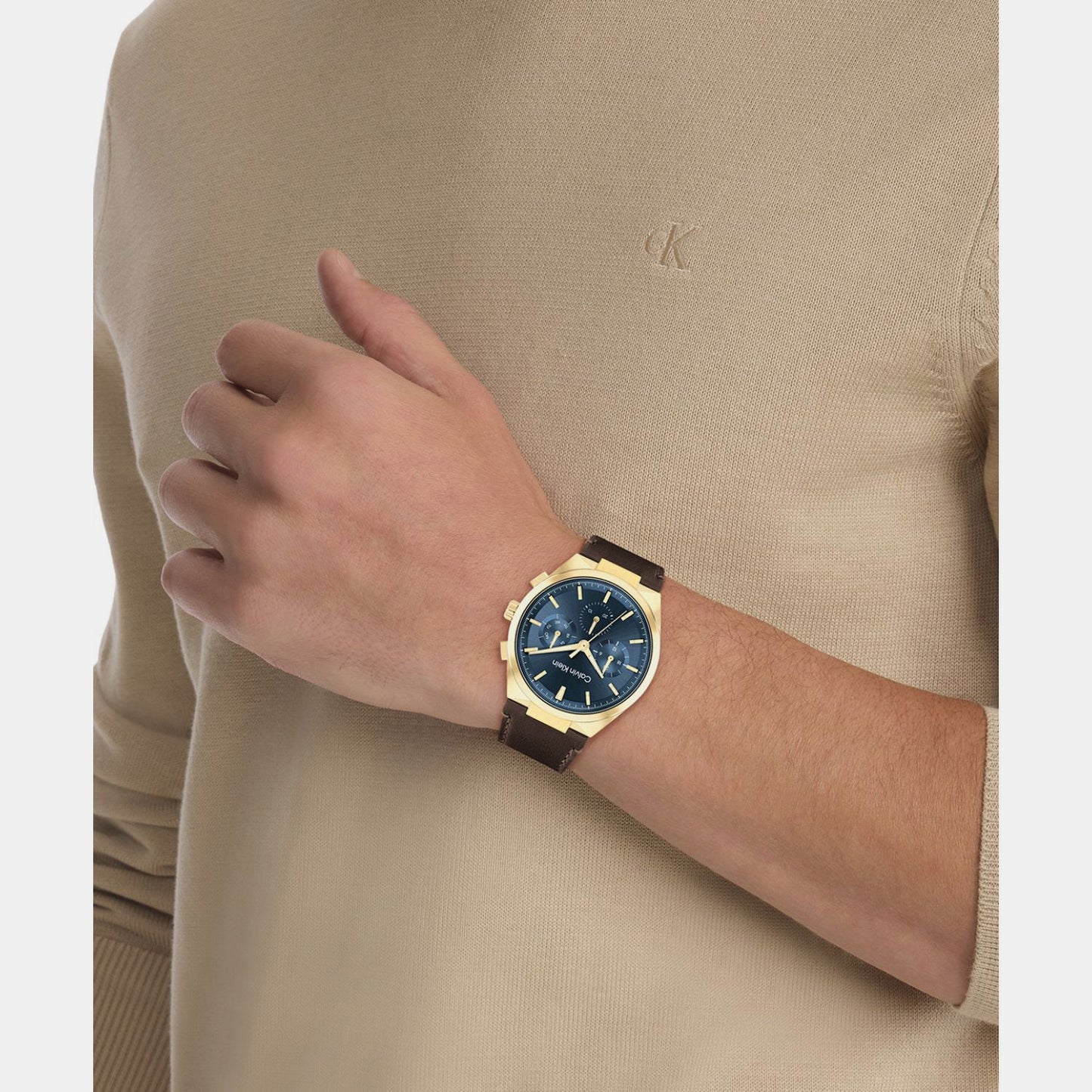 Distinguish Men Quartz Blue Dial Multi-Function Leather Watch 25200445