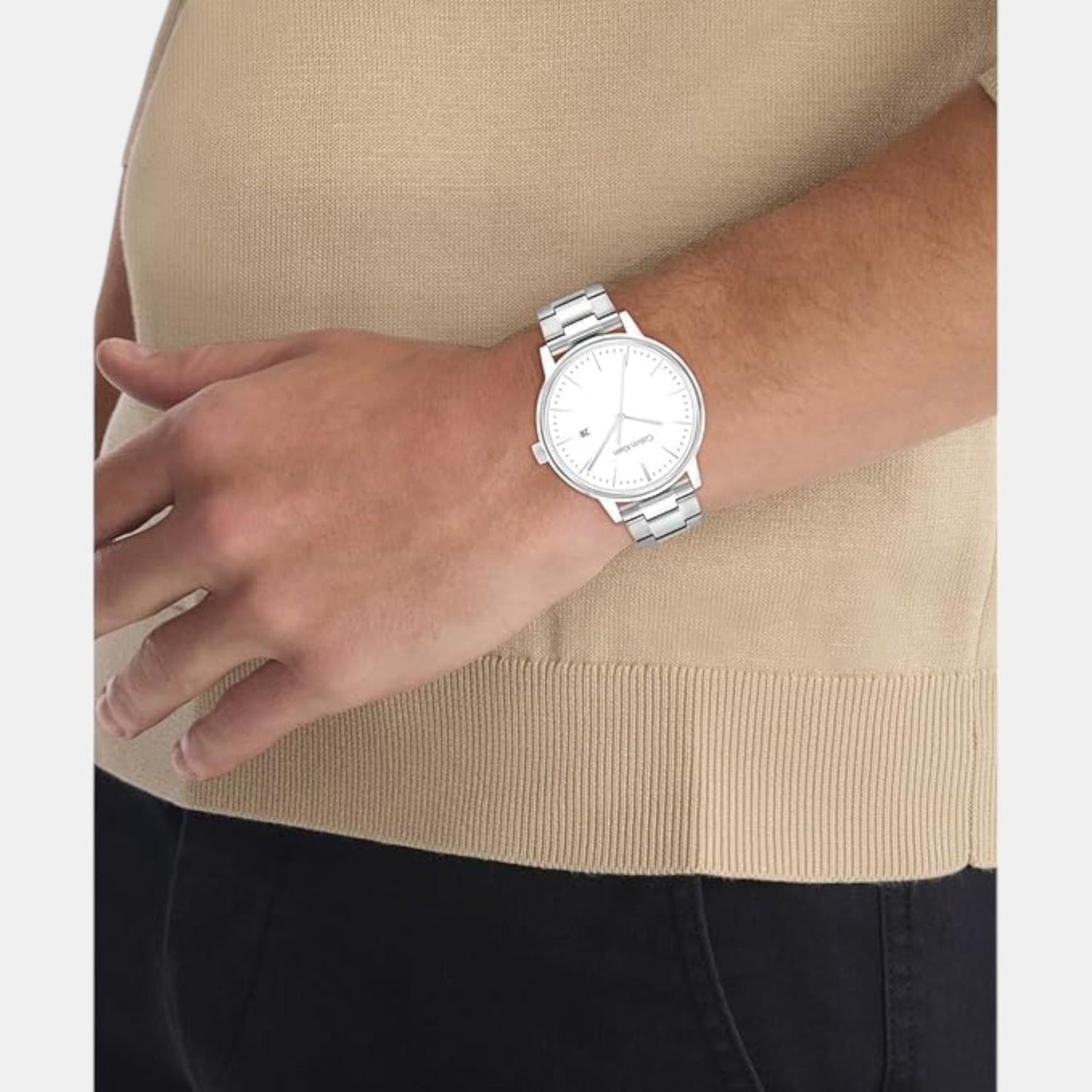 Linked Bracelet For Him Men Quartz White Dial Analog Stainless Steel Watch 25200477