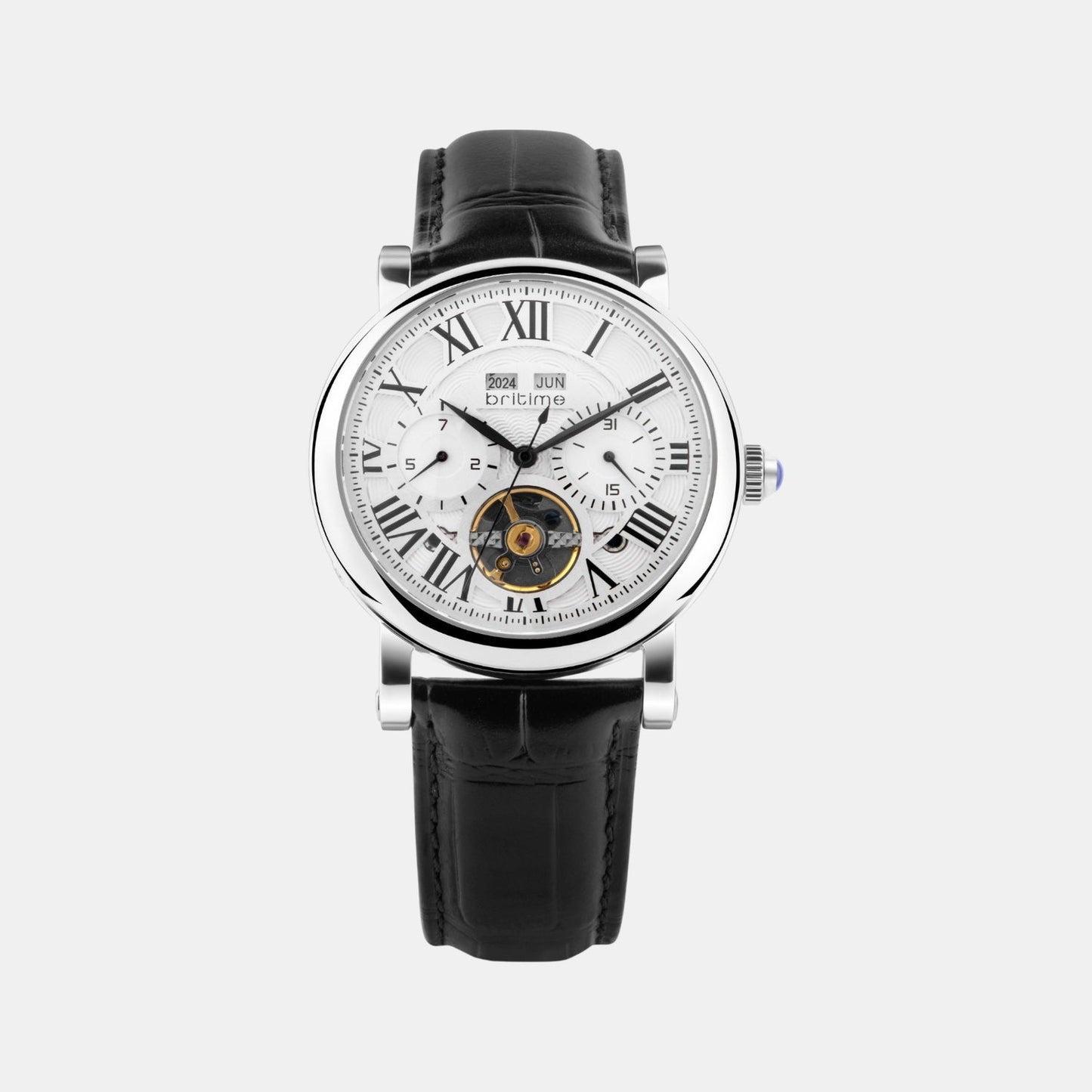 Motion Men Automatic Silver Dial Multi-Function Leather Watch 323-L10306