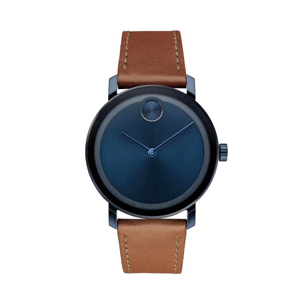 Movado Bold Evolution Men's Blue IP Brown Leather Strap Watch With Blue Dial (Model: 3600806)