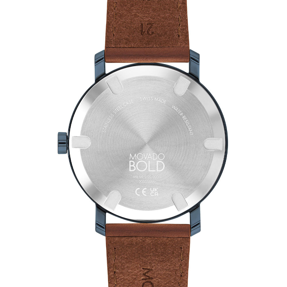 Movado Bold Evolution Men's Blue IP Brown Leather Strap Watch With Blue Dial (Model: 3600806)