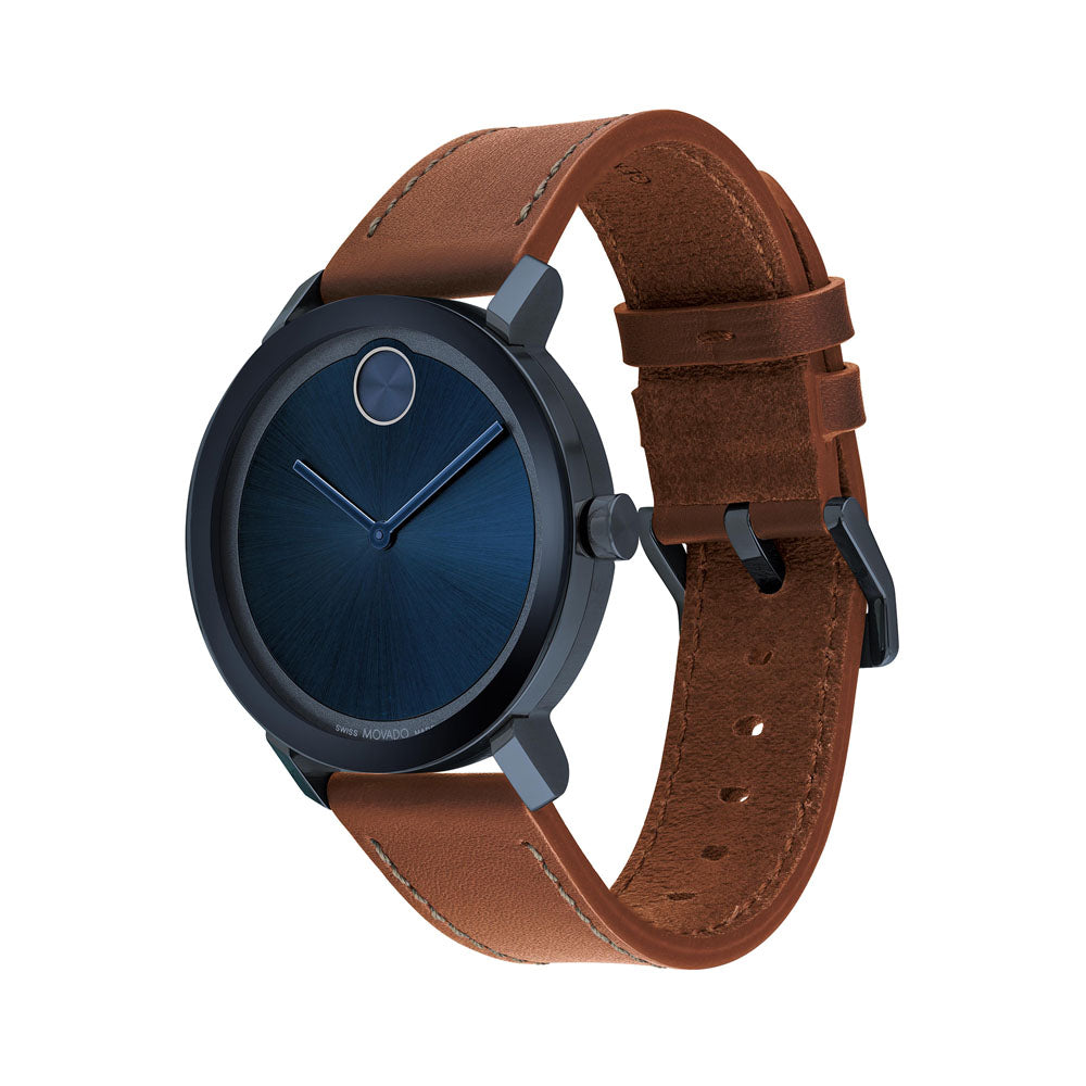 Movado Bold Evolution Men's Blue IP Brown Leather Strap Watch With Blue Dial (Model: 3600806)
