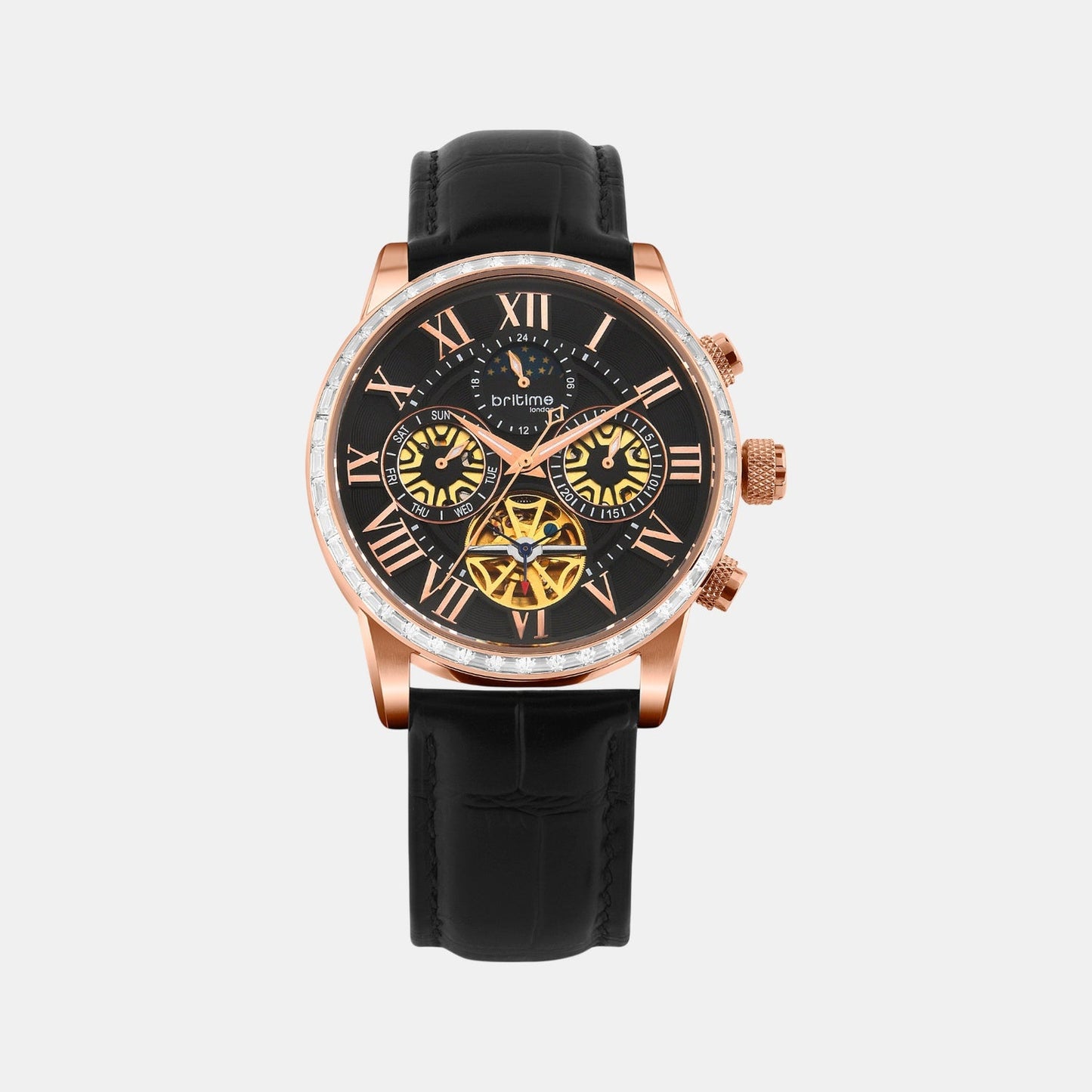 Orbit Men Automatic Black Dial Multi-Function Leather Watch 574-L30406