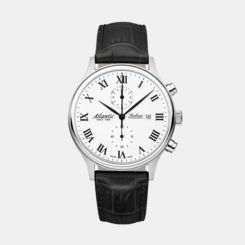 Men Quartz White Dial Chronograph Leather Watch 64452.41.18