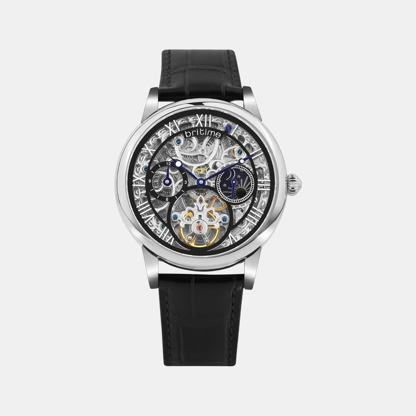 Men Automatic Transparent Dial Multi-Function Leather Watch 786-L10406