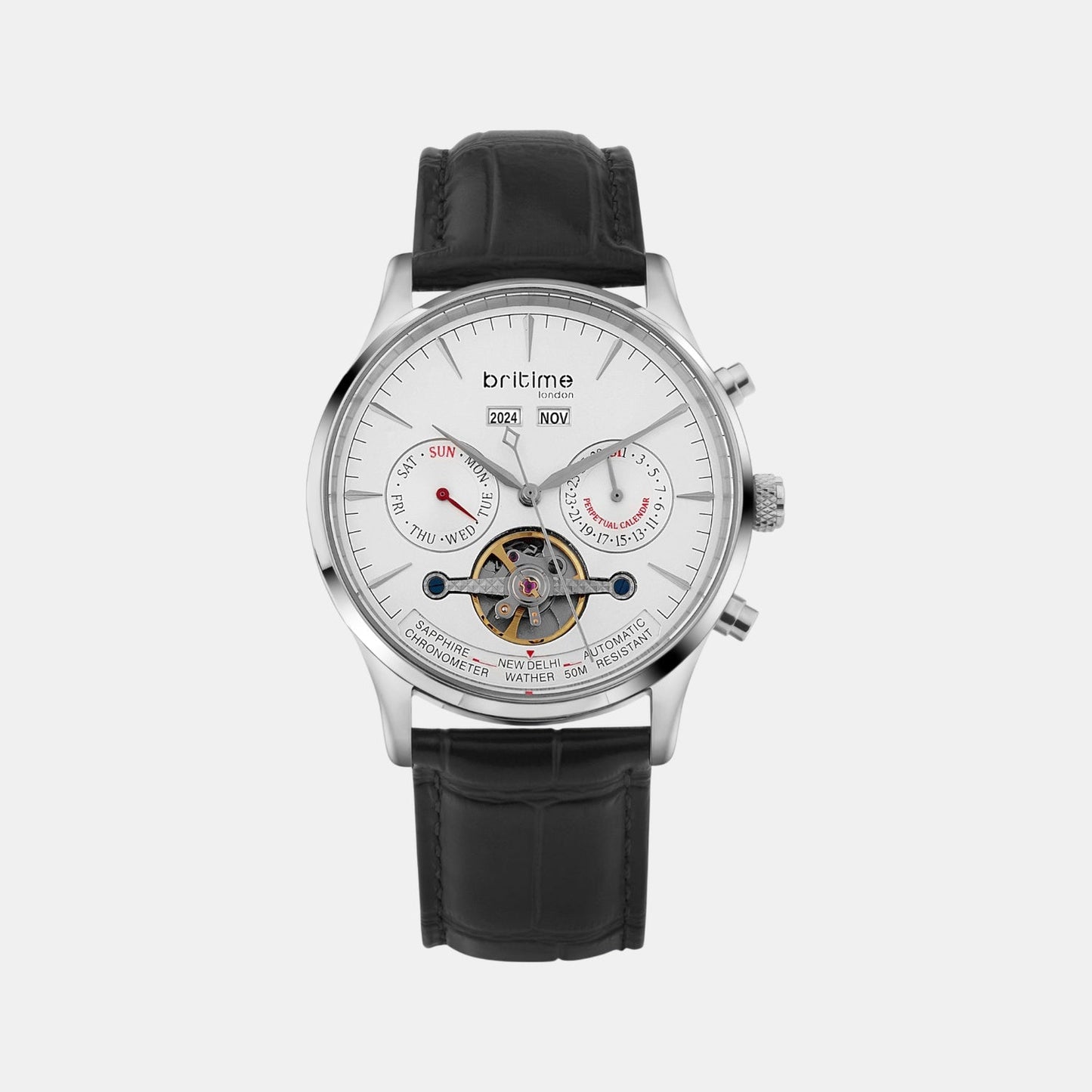 Celestial Men Automatic Silver Dial Chronograph Leather Watch 867-L10306