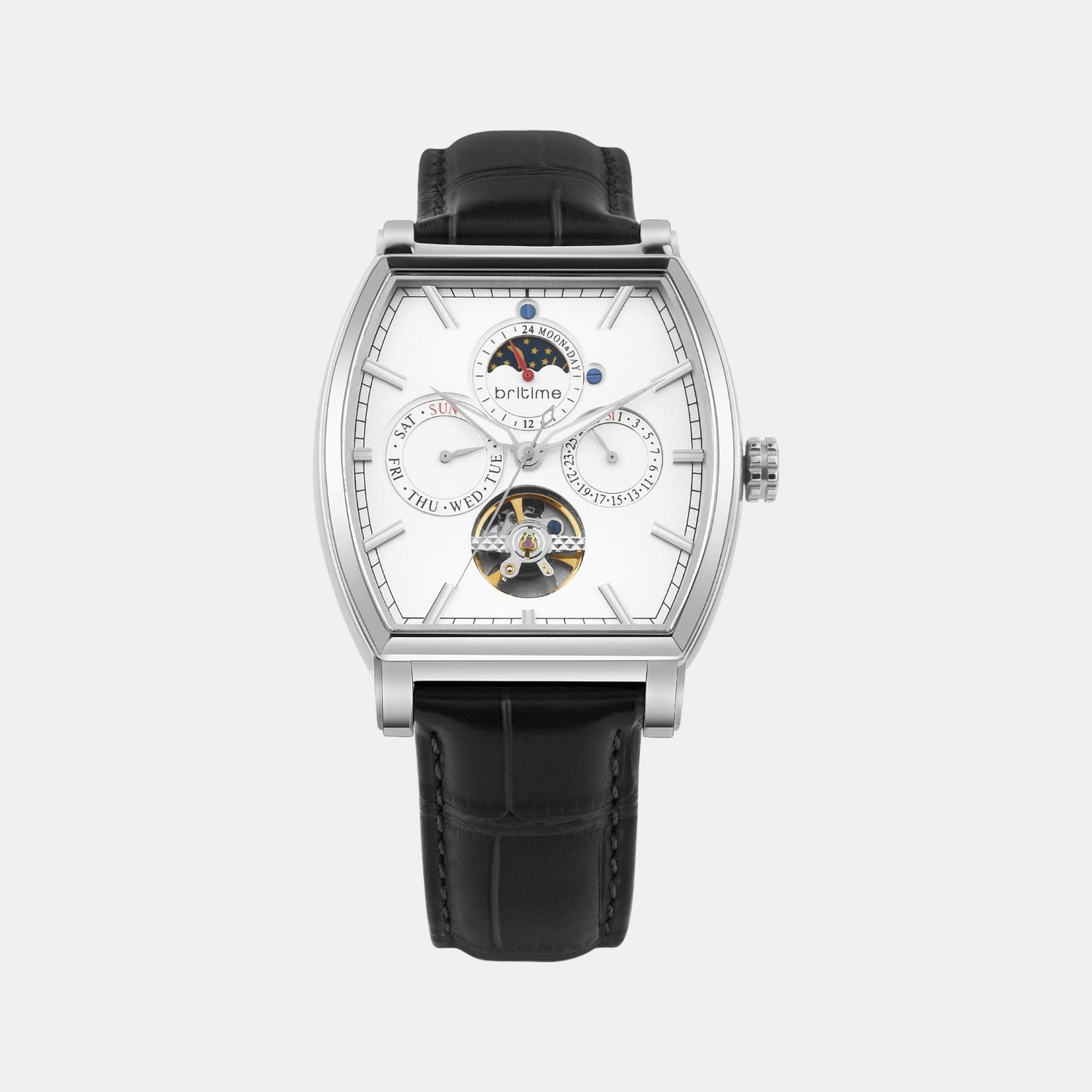 Galaxy Men Automatic Silver Dial Multi-Function Leather Watch 985-L10306