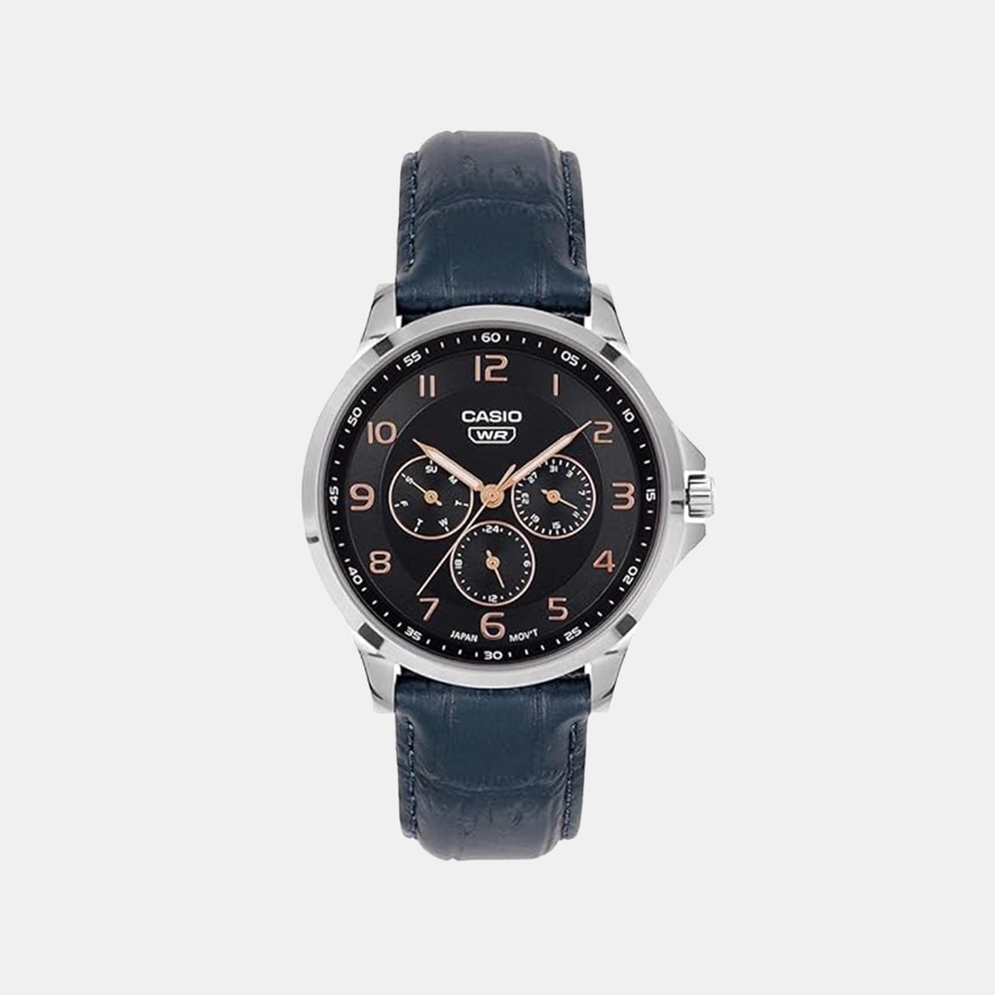 Men Quartz Blue Dial Multi-Function Leather Watch A2455