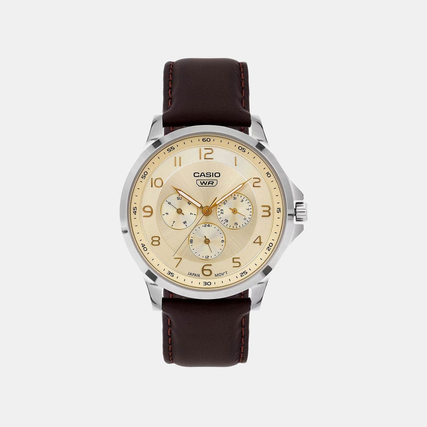 Enticer Men Quartz Champagne Dial Multi-Function Leather Watch A2457