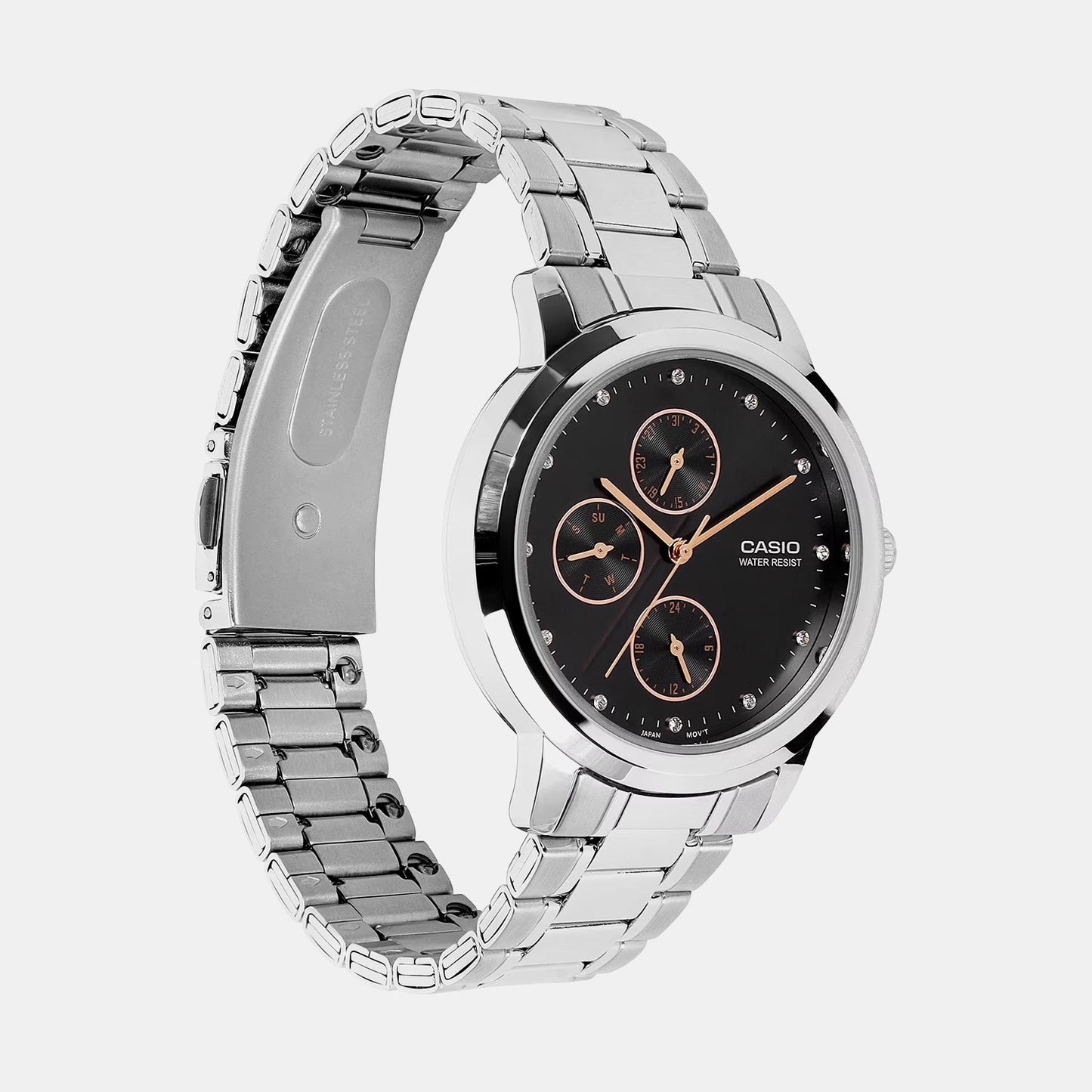 Women Quartz Black Dial Analog Stainless Steel Watch A2491