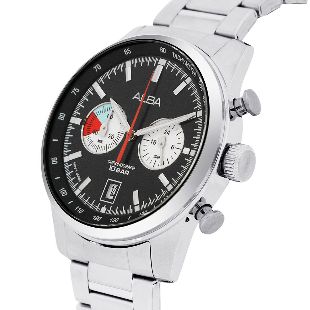 A4B001X1 Black + White Dial Chronograph Watch
