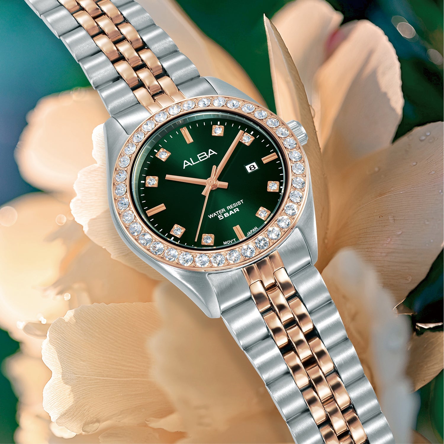 Fashion Women Quartz Green Dial Analog Stainless Steel Watch AH7FD6X1