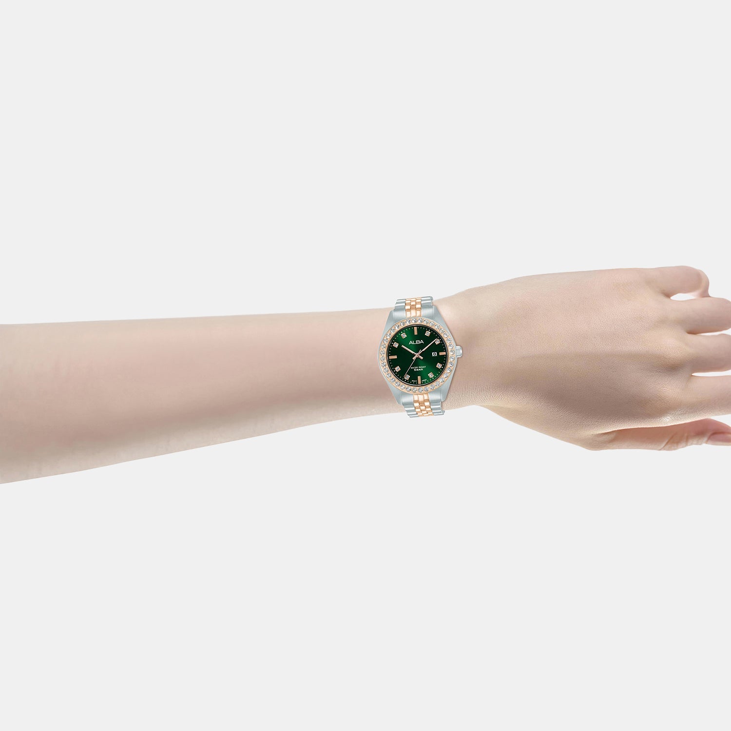 Fashion Women Quartz Green Dial Analog Stainless Steel Watch AH7FD6X1