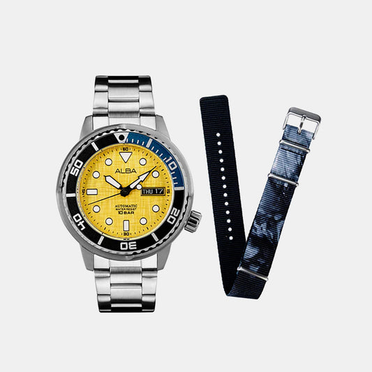 Men Automatic Yellow Dial Analog Stainless Steel Watch AL4773X2