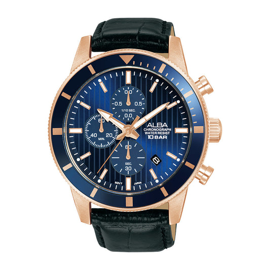 Alba AM3960X1 Blue Patterned Dial Chronograph In Leather Strap