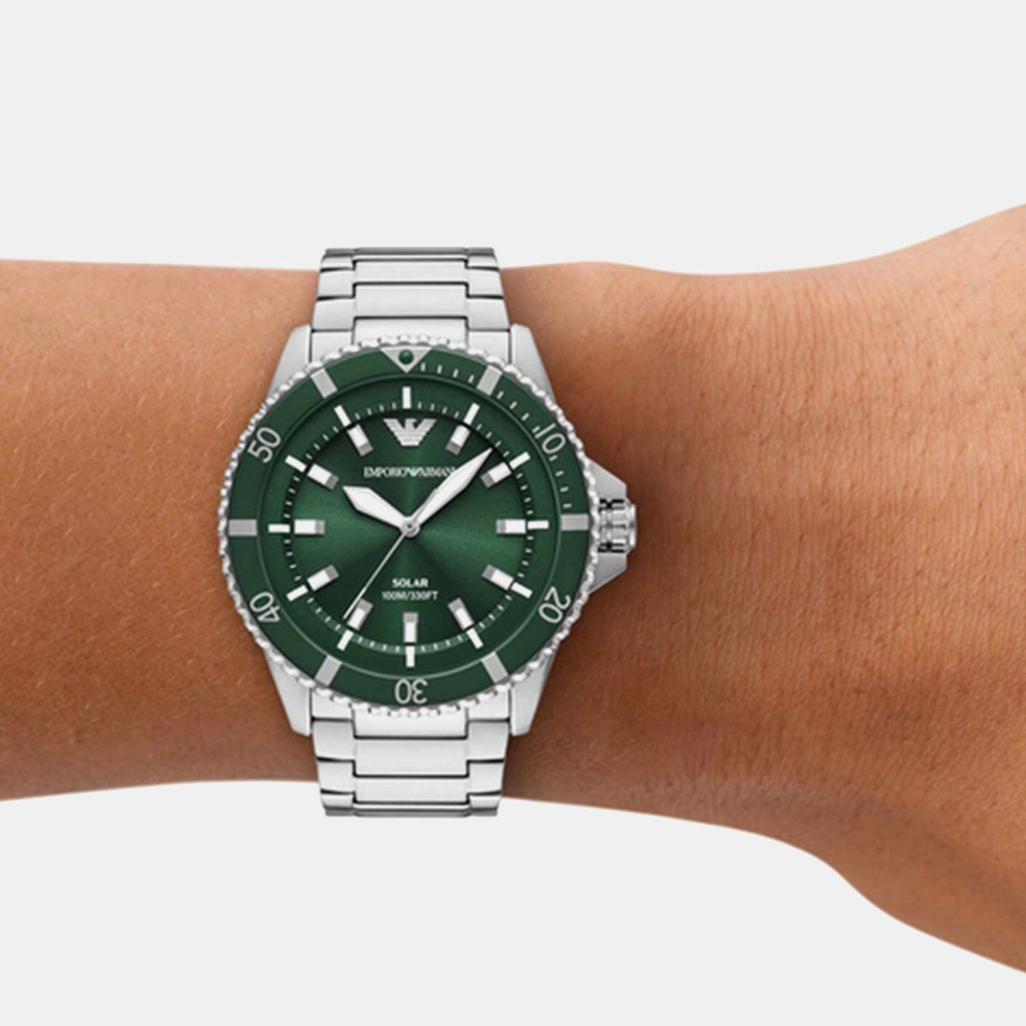 World Explorer Men Solar Green Dial Analog Stainless Steel Watch AR11698
