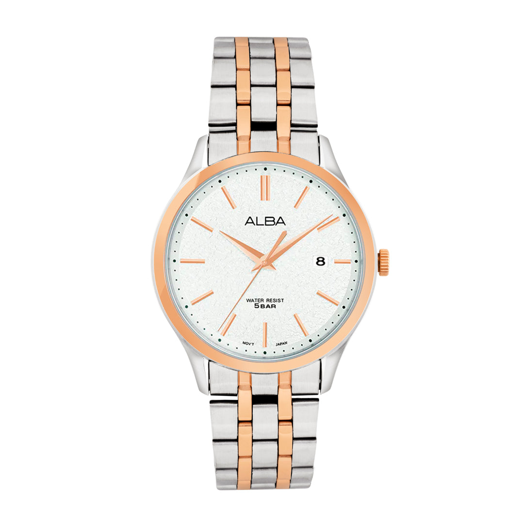 AS9R28X1 White Marble Dial with Rose Gold+Silver Metal Strap