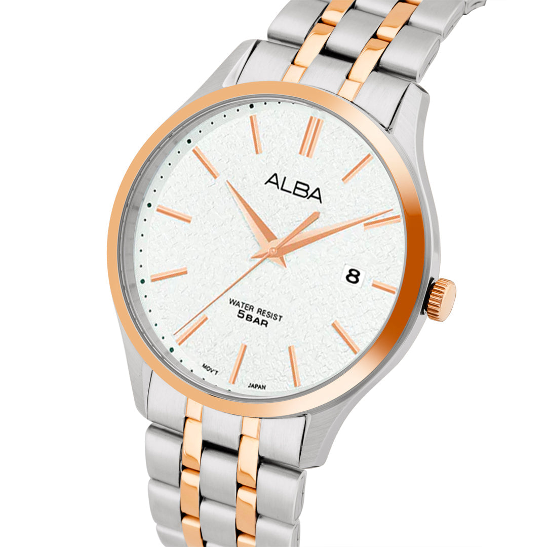 AS9R28X1 White Marble Dial with Rose Gold+Silver Metal Strap