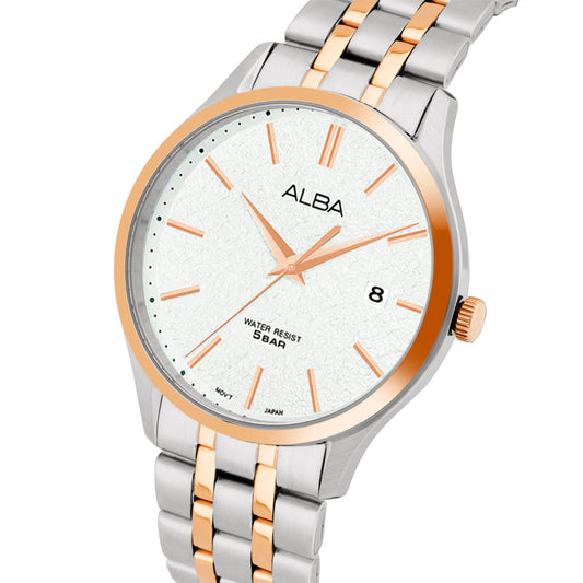 AS9R28X1 White Marble Dial with Rose Gold+Silver Metal Strap